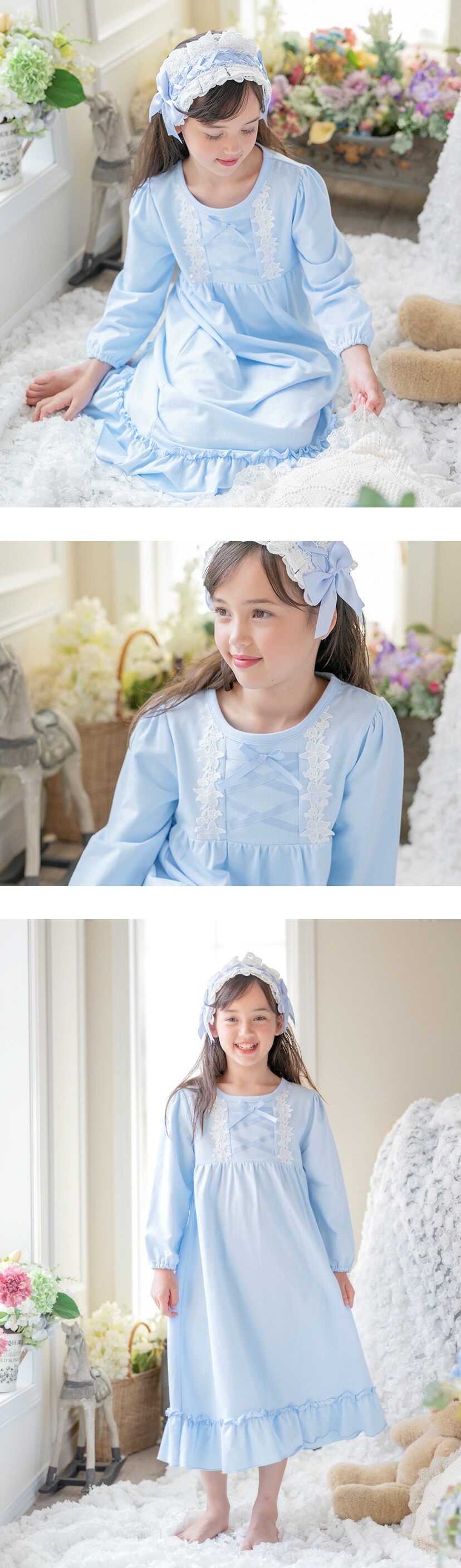 半袖フラワーレース＆クロスリボンネグリジェ モデル画像3 ピンク ライラック ブルー