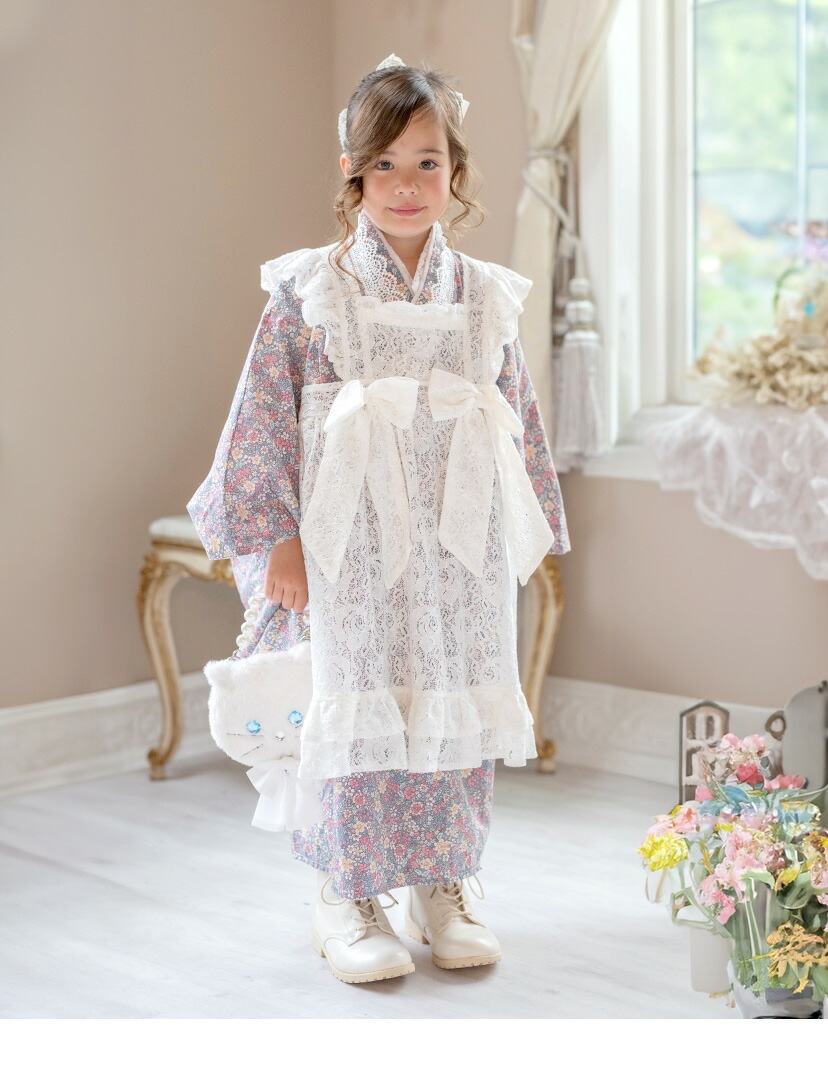 後ろファスナーで着る！ エプロン着物ワンピース  女の子 七五三 モデル画像3