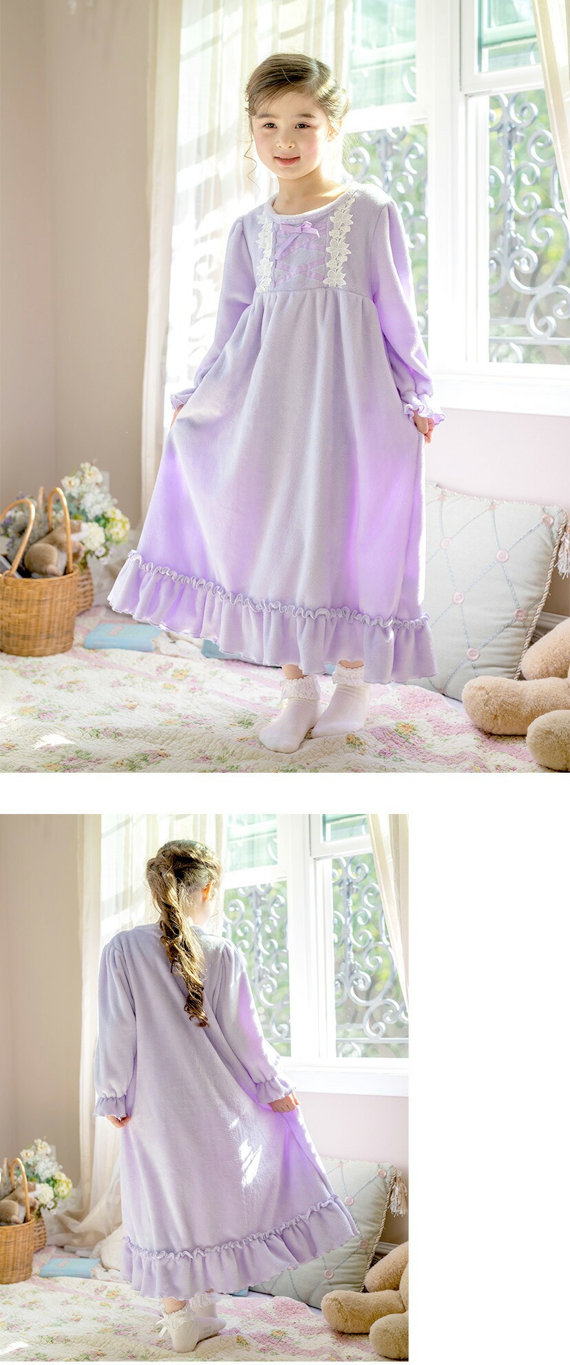 ふわふわフリースフラワーレース＆クロスリボンネグリジェ モデル画像2