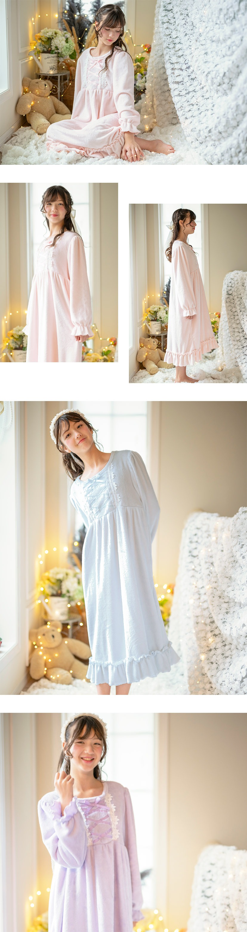 ふわふわフリースフラワーレース＆クロスリボンネグリジェ モデル画像3