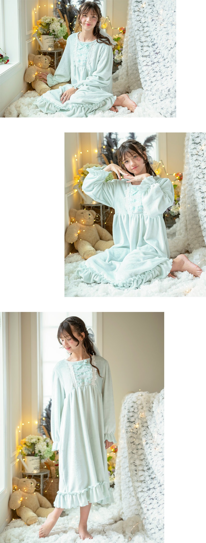 ふわふわフリースフラワーレース＆クロスリボンネグリジェ モデル画像4