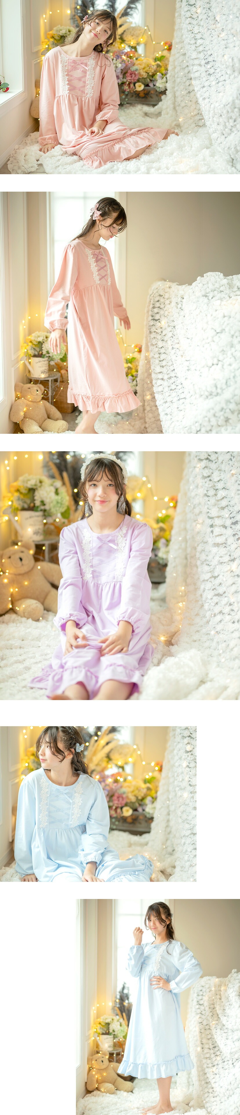 半袖フラワーレース＆クロスリボンネグリジェ モデル画像4 ピンク ライラック ブルー