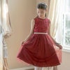 発表会ドレスキッズ結婚式ウエストビジューのデコルテ透かしレースドレス[110120130140150160cmネイビー紺レッド赤ベージュ]子供ドレスパールフラワーガールプリンセスパーティーガールズ女の子