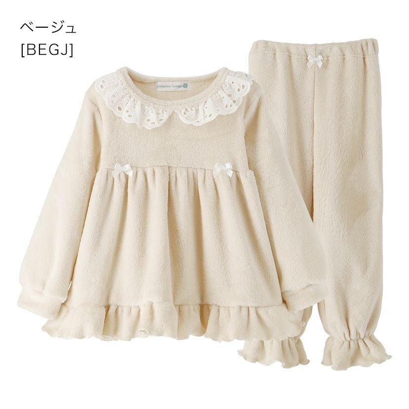 キッズパジャマ女の子ふわふわフリースパジャマ[110120130140cm白ベージュピンクブルー水色]長袖おしゃれリボンもこもこかわいいルームウェア子供部屋着秋冬