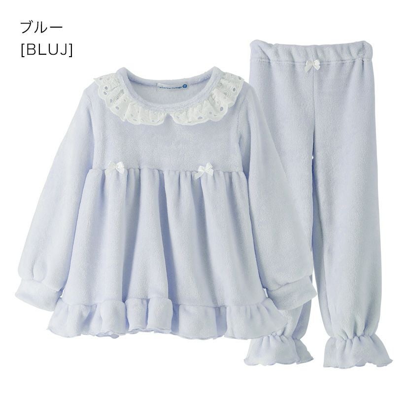 キッズパジャマ女の子ふわふわフリースパジャマ[110120130140cm白ベージュピンクブルー水色]長袖おしゃれリボンもこもこかわいいルームウェア子供部屋着秋冬