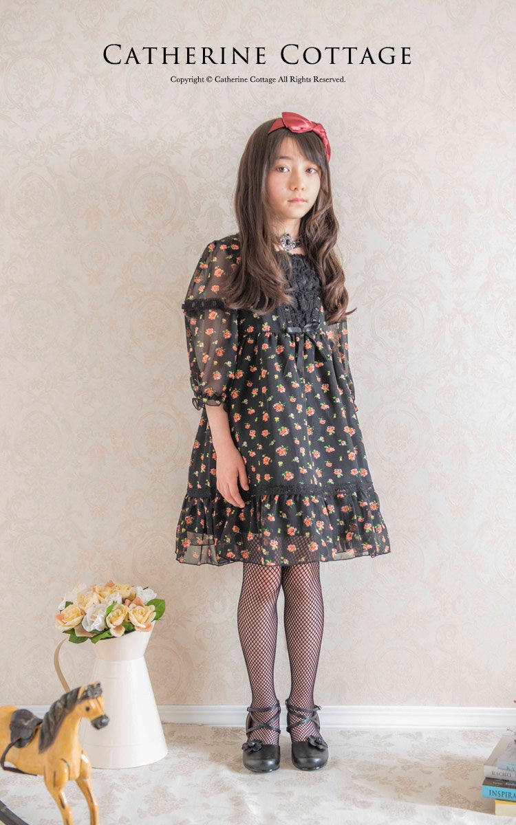 子どもドレス子供ドレスローズシフォンワンピースピアノ発表会ジュニアドレスフォーマル結婚式入学式子供服女の子こどもキッズ発表会卒業式卒園式黒[ZITS032811]