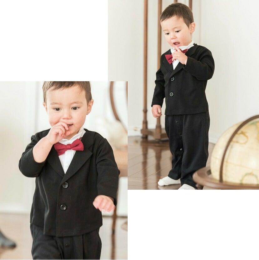ベビー服蝶ネクタイ付きフォーマルロンパース男の子ベビー[708090cm1才2才半袖長袖ブラックネイビー黒紺グレンチェックカバーオール結婚式フォーマルコットン出産祝いギフト誕生日]送料無料