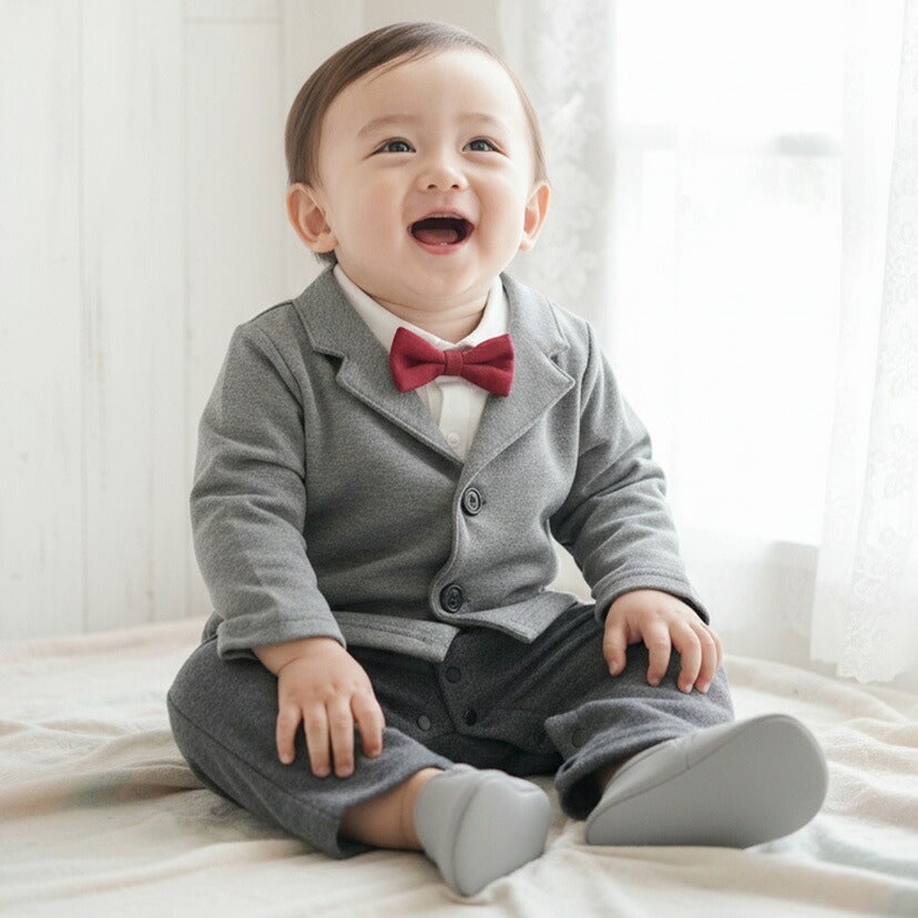 ベビー男の子スーツフォーマル蝶ネクタイ付きフォーマルロンパース男の子ベビー[708090cm1才2才半袖長袖ブラックネイビー黒紺グレンチェックカバーオール結婚式フォーマルコットン出産祝いギフト誕生日]