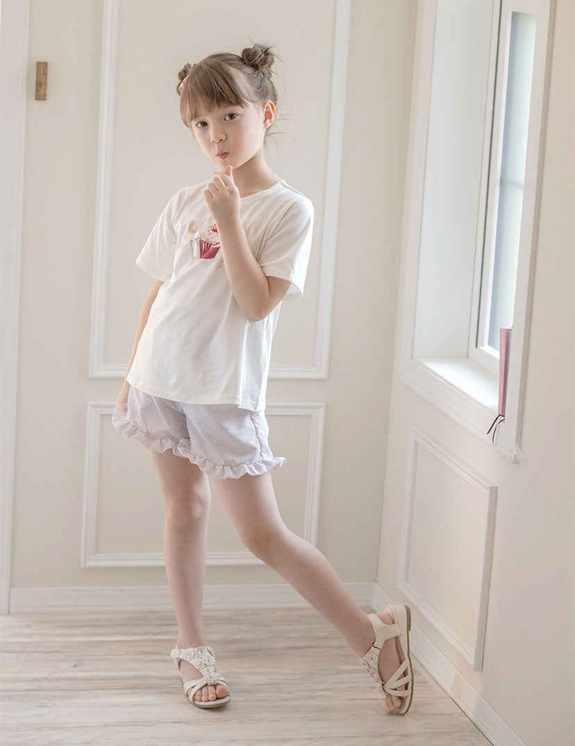 キッズTシャツデコレーションプリント半袖Tシャツ女の子無地白YUP12
