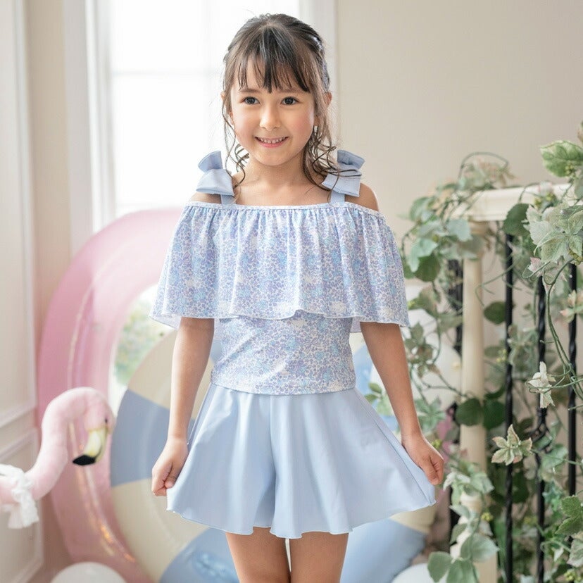 キッズジュニア女の子オフショルリボンスイムウェアセパレートおしゃれかわいい2ピースギンガムチェック柄小花柄水着女子小学生中学生TAK
