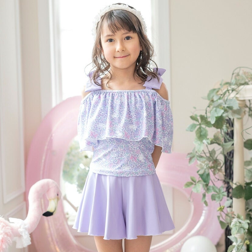キッズジュニア女の子オフショルリボンスイムウェアセパレートおしゃれかわいい2ピースギンガムチェック柄小花柄水着女子小学生中学生TAK