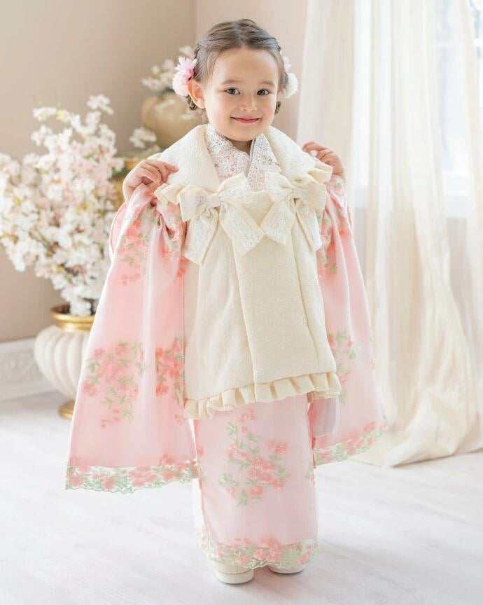 被布セット着物七五三3歳女の子着物花刺繍チュールレース着物ワンピース＆被布セット和装雛祭りTAK★今年度再入荷なし★
