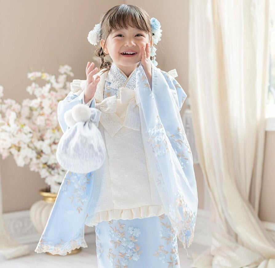 被布セット着物七五三3歳女の子着物花刺繍チュールレース着物ワンピース＆被布セット和装雛祭りTAK★今年度再入荷なし★