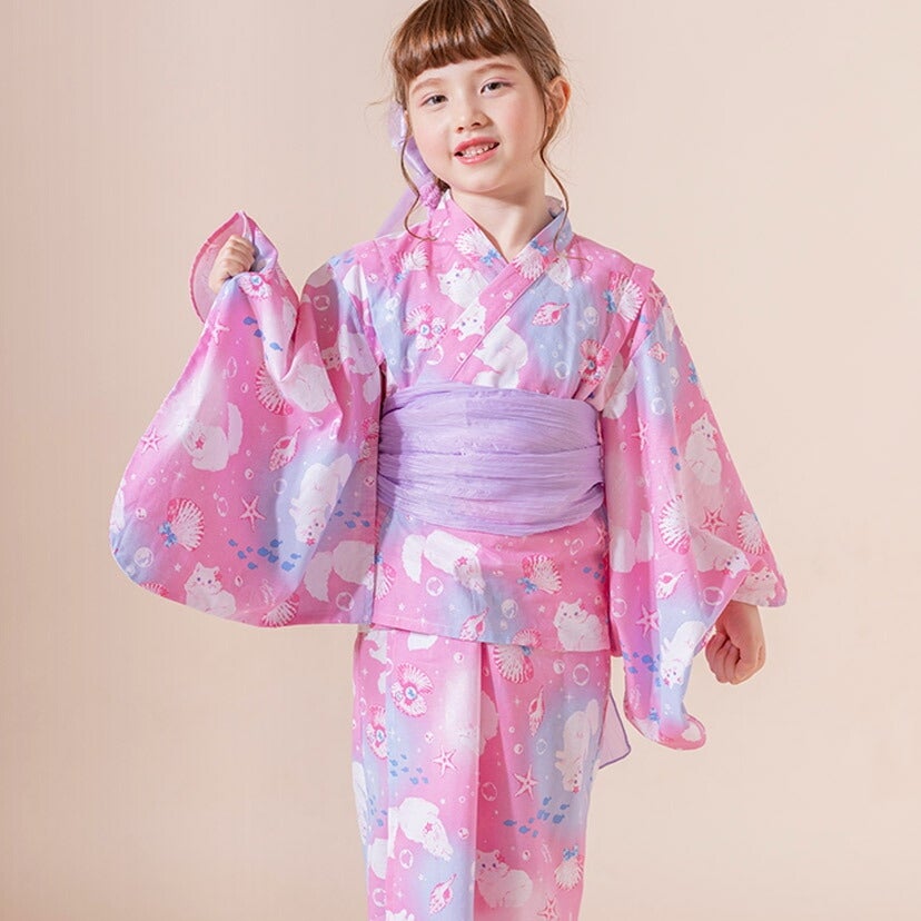 浴衣子供女の子キッズ・ジュニア・ベビーセパレートキャサリンオリジナル和柄がかわいい2ピース浴衣セット（ワンピース・上衣・兵児帯）[90100110120130140150160cm紺黒ピンク椿朝顔猫]夏花火大