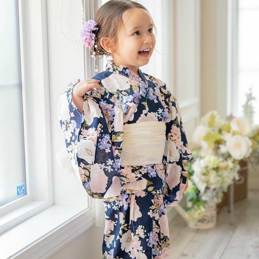 浴衣子供女の子キッズ・ジュニア・ベビーセパレートキャサリンオリジナル和柄がかわいい2ピース浴衣セット（ワンピース・上衣・兵児帯）[90100110120130140150160cm紺黒ピンク椿朝顔猫]夏花火大