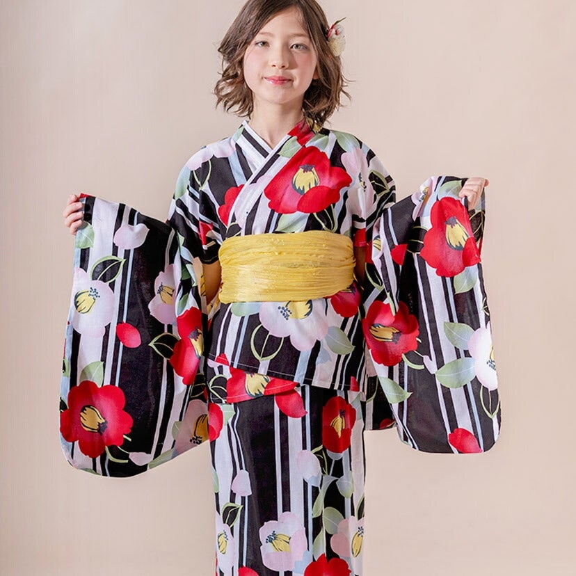 浴衣子供女の子キッズ・ジュニア・ベビーセパレートキャサリンオリジナル和柄がかわいい2ピース浴衣セット（ワンピース・上衣・兵児帯）[90100110120130140150160cm紺黒ピンク椿朝顔猫]夏花火大