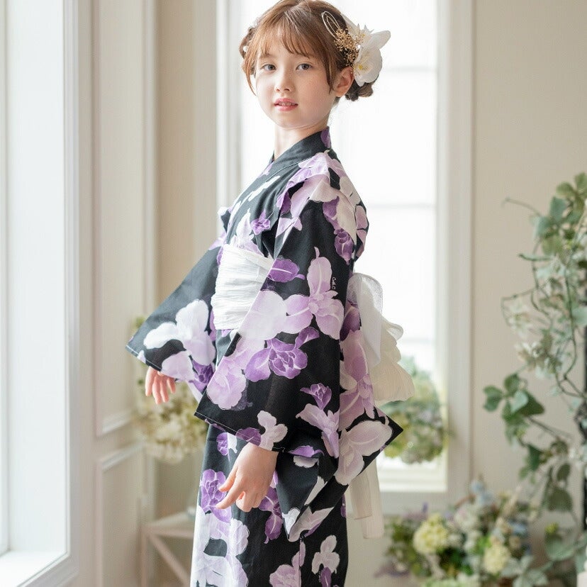 キャサリンオリジナル和柄2ピース浴衣セット【ワンピース+上衣】子供浴衣の小花柄猫ブルー