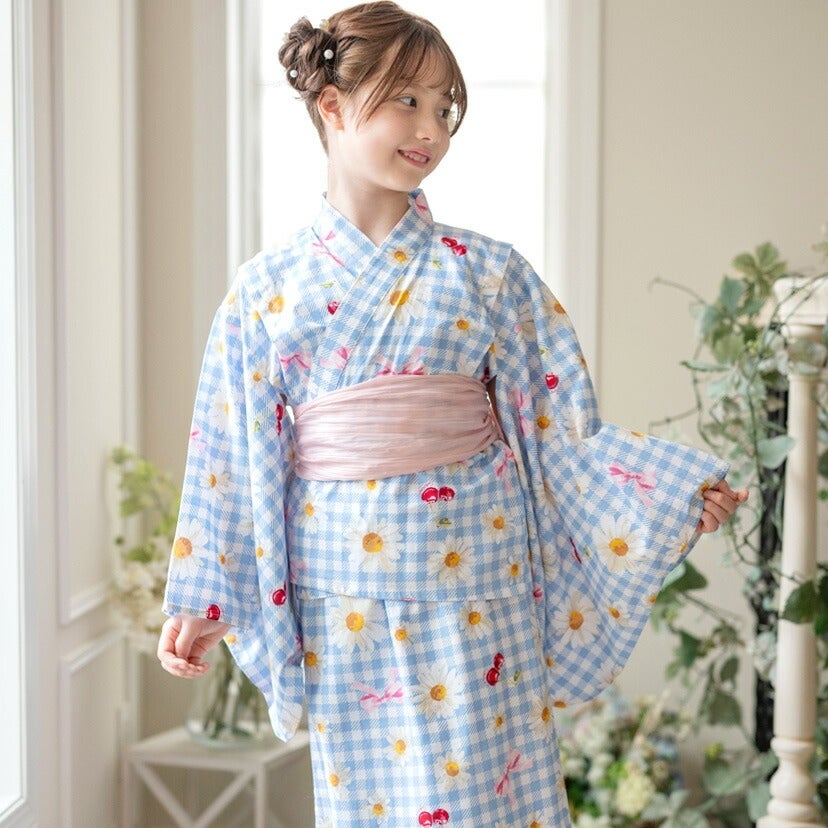 キャサリンオリジナル和柄2ピース浴衣セット【ワンピース+上衣】子供浴衣のピンク花柄