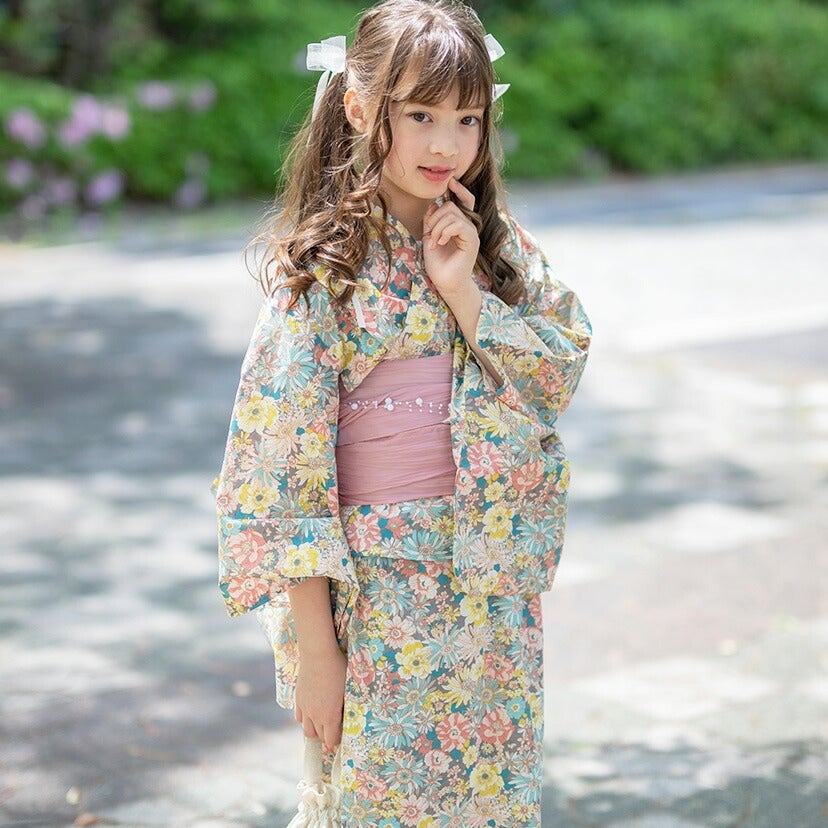 キャサリンオリジナル和柄2ピース浴衣セット【ワンピース+上衣】子供浴衣のマリン柄ピンク