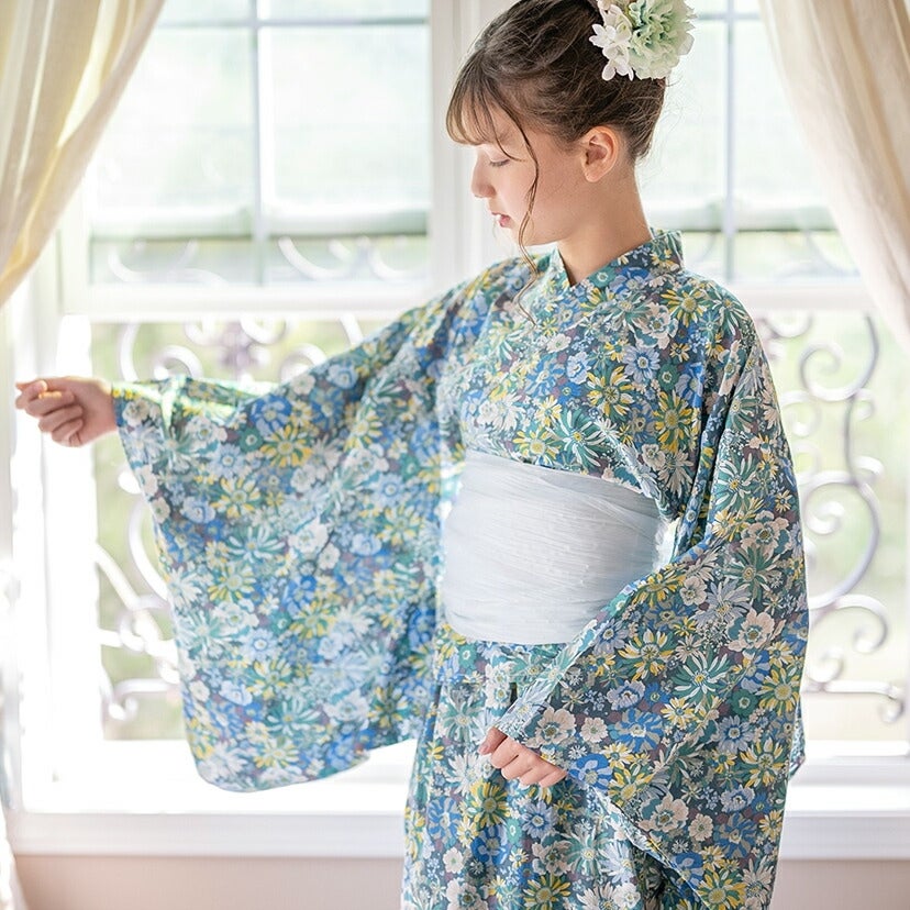 キャサリンオリジナル和柄2ピース浴衣セット【ワンピース+上衣】子供浴衣の紺ブーケ