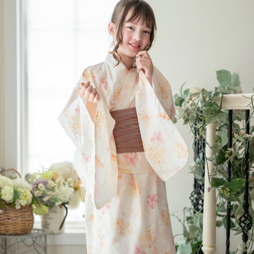 キャサリンオリジナル和柄2ピース浴衣セット【ワンピース+上衣】子供浴衣のモダン縞椿