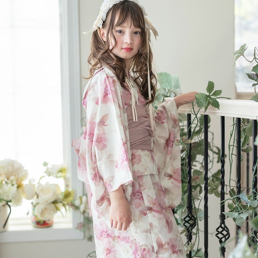 キャサリンオリジナル和柄2ピース浴衣セット【ワンピース+上衣】子供浴衣の無垢紫陽花