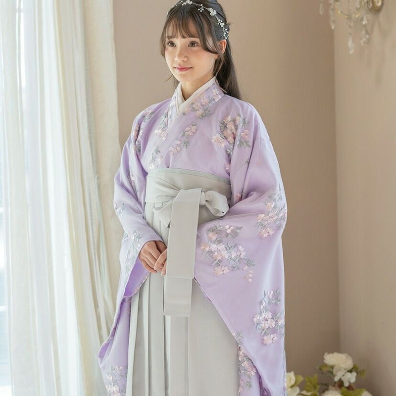 送料無料【目玉セール】 卒業式 花刺繍チュールレース 袴一体型着物 