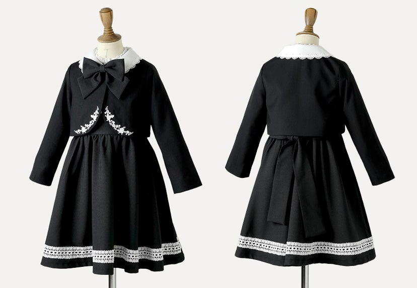 目玉セール女の子スーツ名品ワンピで作る入学式スーツコーデマルグレーテ黒半袖きちんとワンピース白襟刺繍入りボレロアリスアンサンブルセットアップアリスコレクションキャサリンコテージTAK