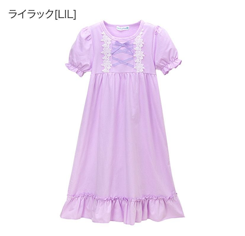 送料無料半袖フラワーレース＆クロスリボンネグリジェ キッズ ジュニア