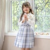 丸襟ワンピースとボレロのアンサンブル 入学式 女の子スーツ セットアップ ベージュ 青 グレー チェック柄 フォーマル コサージュ