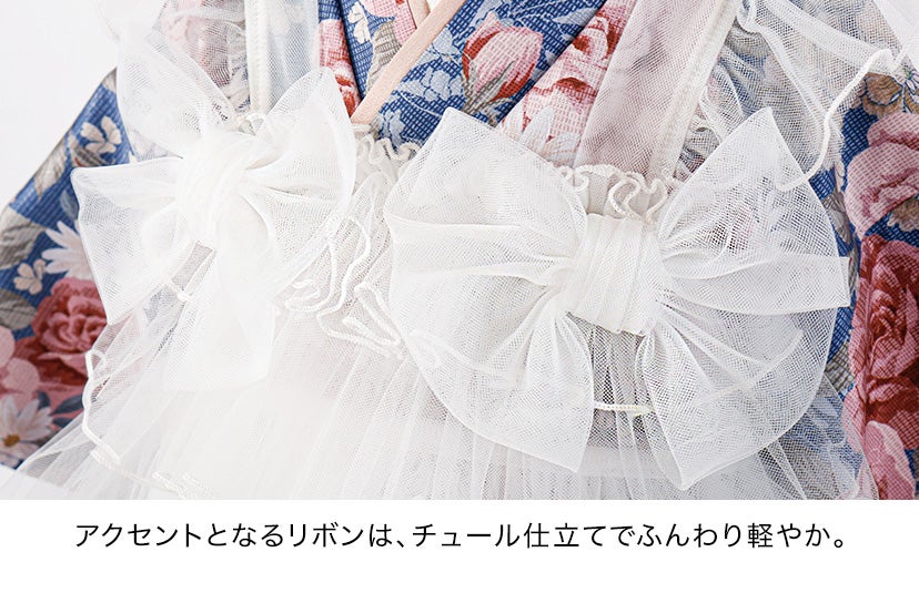 チュールフリルエプロン+着物ワンピースセット七五三753女の子キッズ被布エプロンエプロン着物着物風アンティーク柄花柄古典柄赤ピンクオレンジ青TAKキャサリンコテージ
