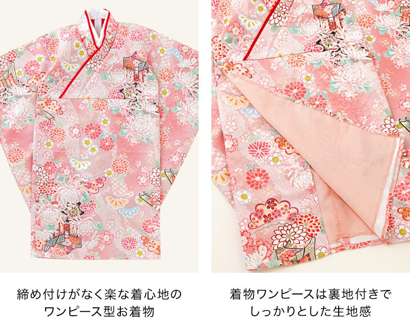 被布セット3歳女の子七五三753三歳花柄織入り花柄生地着物ワンピース＆同柄被布セット和装雛祭り前撮りピンク白朱水色ライラック90100背中ファスナー花柄猫柄古典柄TAKキャサリンコテージ