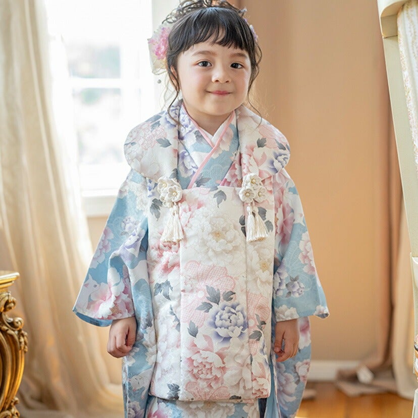 花柄織入り花柄生地着物ワンピース＆同柄被布セット