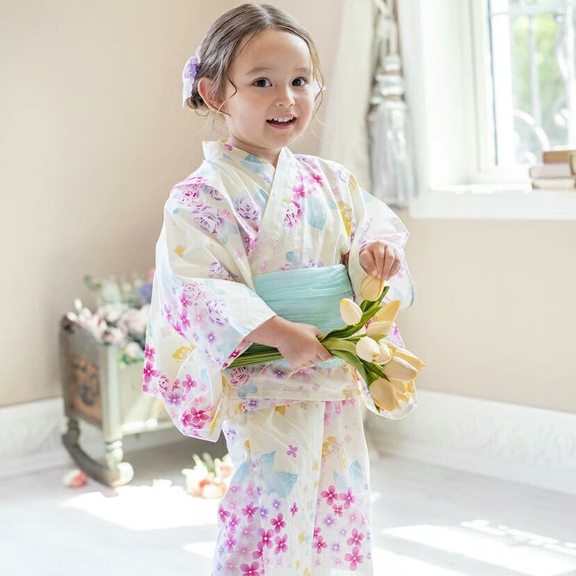 送料無料　浴衣子供女の子キッズ・ジュニア・ベビーセパレートキャサリンオリジナル和柄がかわいい2ピース浴衣セット（ワンピース・上衣・兵児帯）[90100110120130140150160cm紺黒ピンク椿朝顔猫]夏花火大