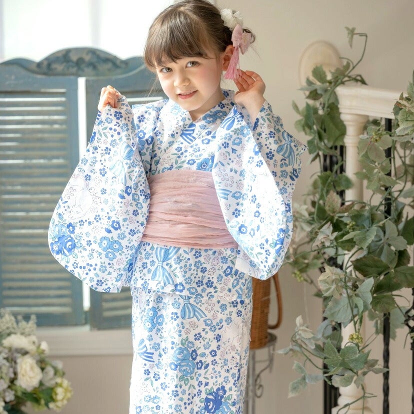 送料無料　浴衣子供女の子キッズ・ジュニア・ベビーセパレートキャサリンオリジナル和柄がかわいい2ピース浴衣セット（ワンピース・上衣・兵児帯）[90100110120130140150160cm紺黒ピンク椿朝顔猫]夏花火大