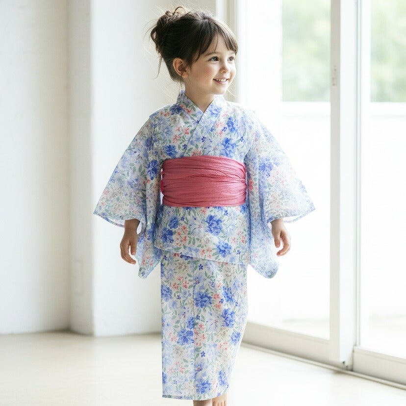 送料無料　浴衣子供女の子キッズ・ジュニア・ベビーセパレートキャサリンオリジナル和柄がかわいい2ピース浴衣セット（ワンピース・上衣・兵児帯）[90100110120130140150160cm紺黒ピンク椿朝顔猫]夏花火大