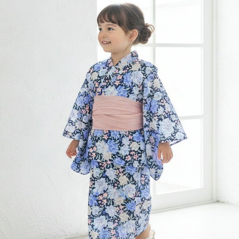 送料無料　浴衣子供女の子キッズ・ジュニア・ベビーセパレートキャサリンオリジナル和柄がかわいい2ピース浴衣セット（ワンピース・上衣・兵児帯）[90100110120130140150160cm紺黒ピンク椿朝顔猫]夏花火大
