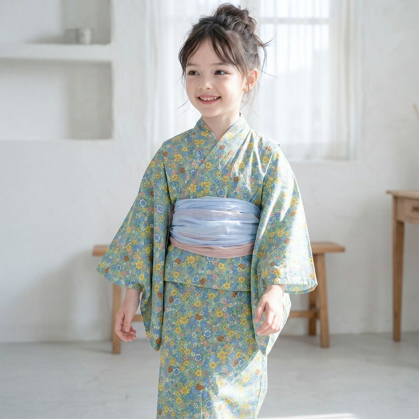 送料無料　浴衣子供女の子キッズ・ジュニア・ベビーセパレートキャサリンオリジナル和柄がかわいい2ピース浴衣セット（ワンピース・上衣・兵児帯）[90100110120130140150160cm紺黒ピンク椿朝顔猫]夏花火大